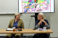 Haley Crum (left) interviewing her mentor, Carol Hague, at a luncheon titled 