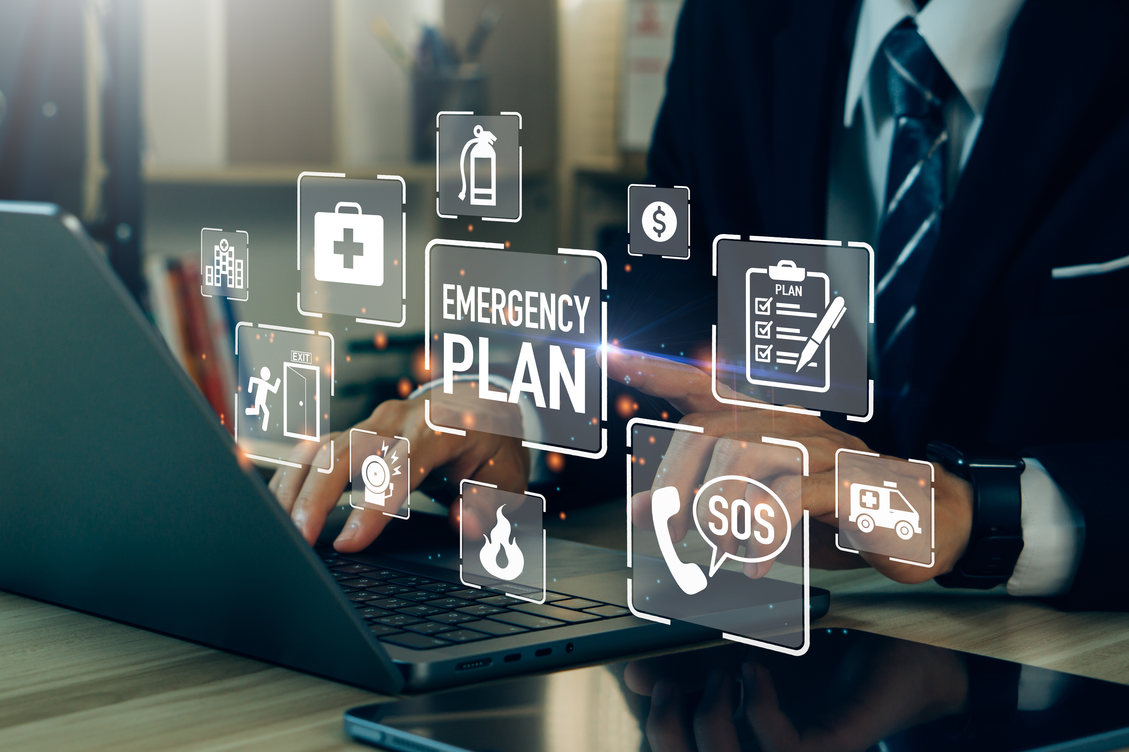 Concept of Emergency Preparedness Plan. Businessman touching Emergency Plan icon to learn and prepare in emergency situation.