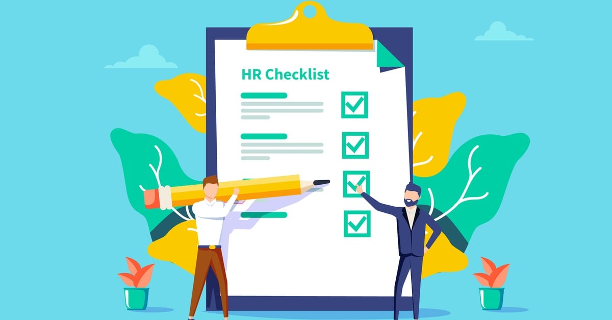 Animation of two HR professionals checking off life-sized checklist